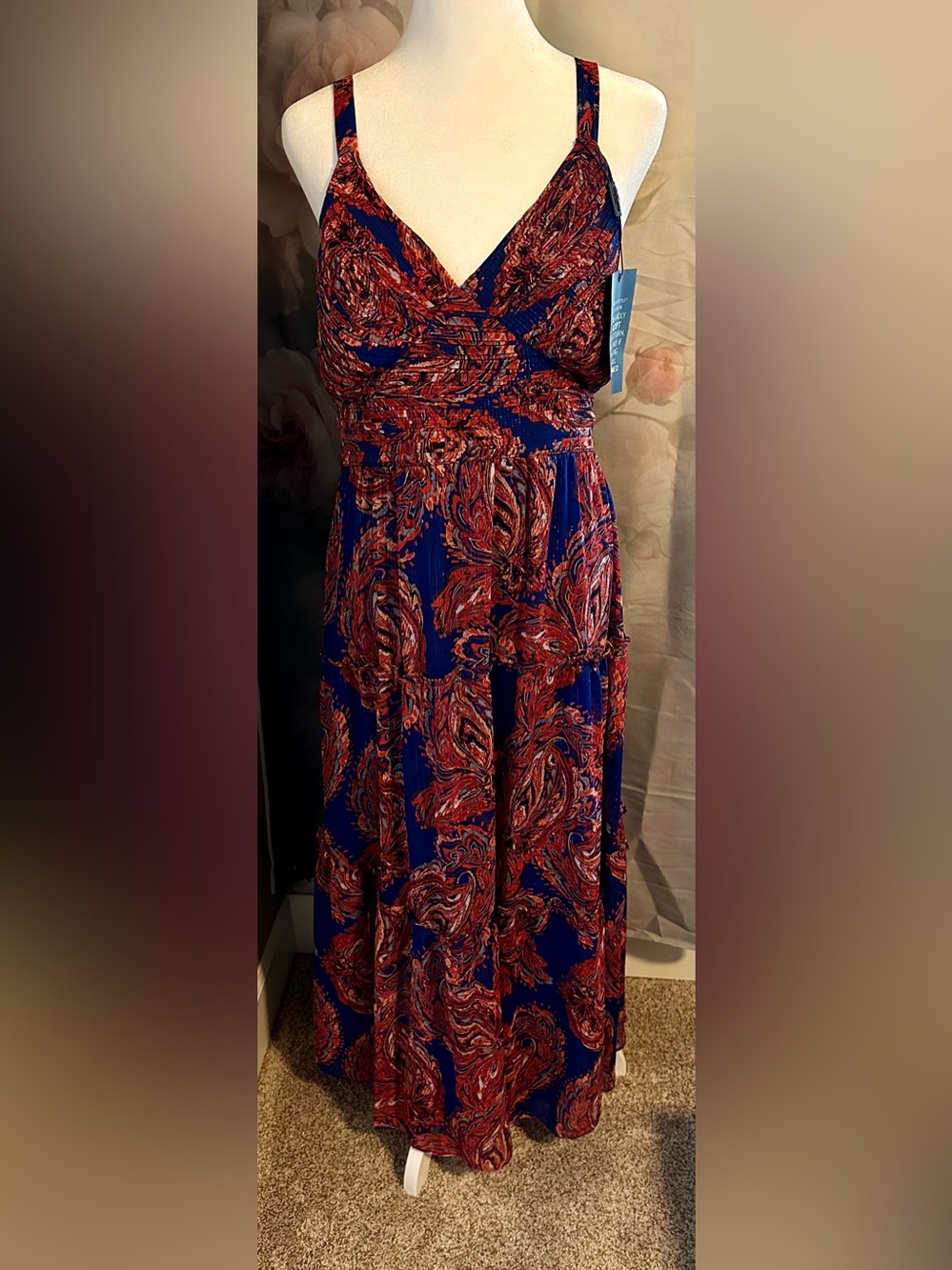 Sleeveless V-Neck Paisley Maxi Dress in Navy and Rust